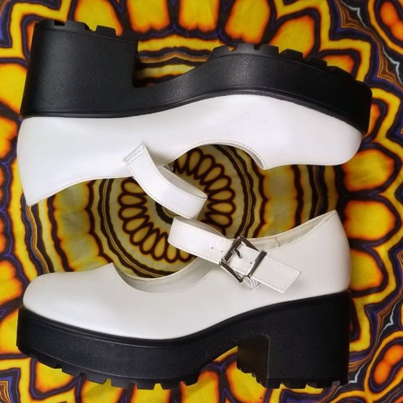 Dolls Kill Shoes - Koi Tira Mary Jane black and white platform lug sole heels size 8